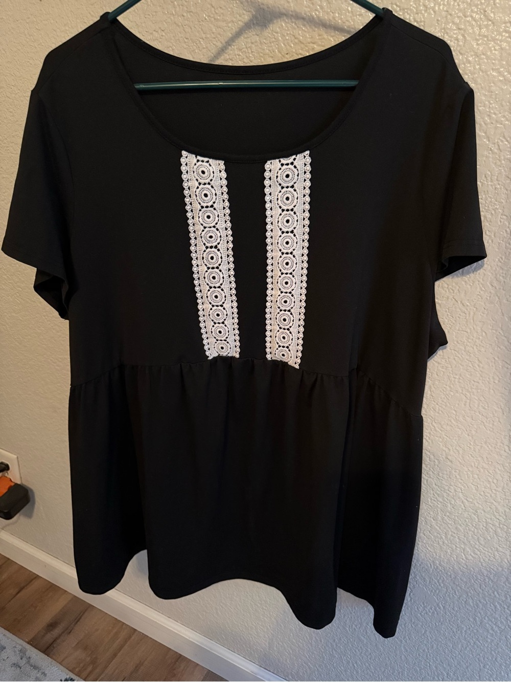 SHEIN Black Short Sleeve Top with White Lace Inset